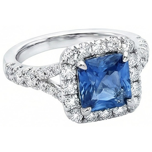Radiant Cut Ceylon Sapphire & Round Natural Earth Mined Diamond ( Not Lab Grown )  Ring 3 Ct. White Gold 14K