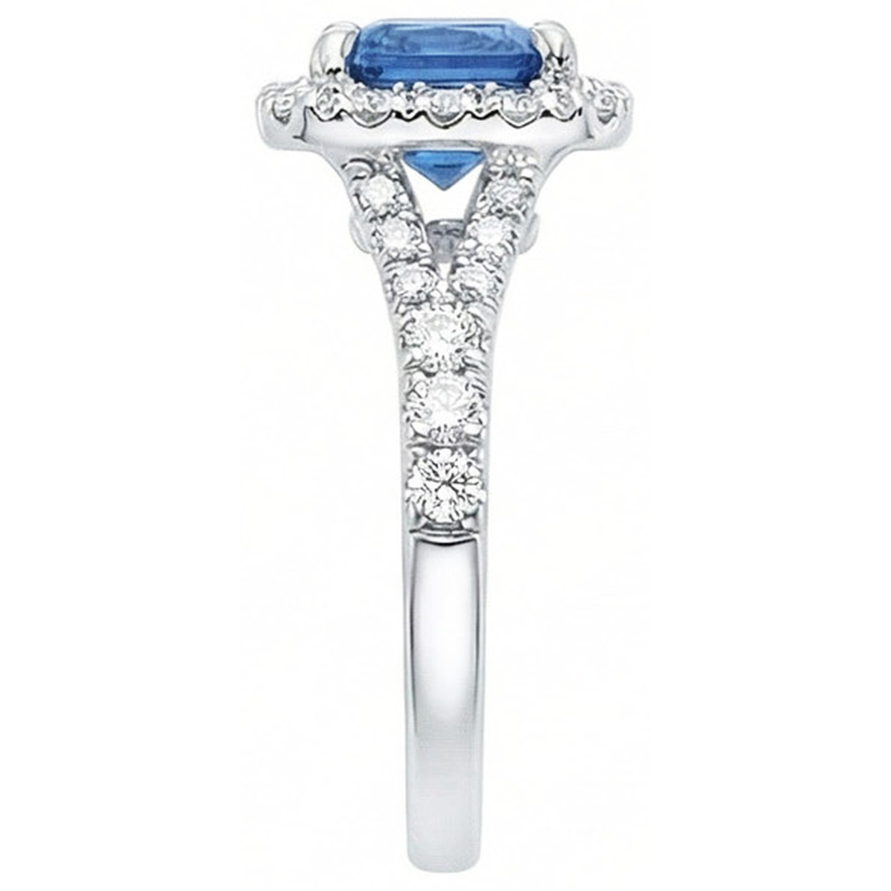 Radiant Cut Ceylon Sapphire & Round Natural Earth Mined Diamond ( Not Lab Grown )  Ring 3 Ct. White Gold 14K