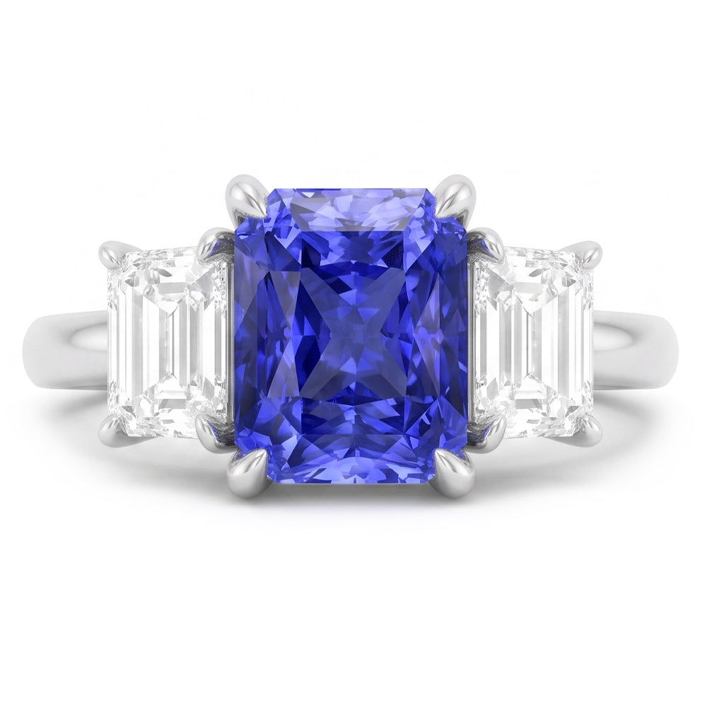 Radiant Gemstone Ring 2 Carats Ceylon Sapphire & Emerald Natural Earth Mined Diamond ( Not Lab Grown )s Gold