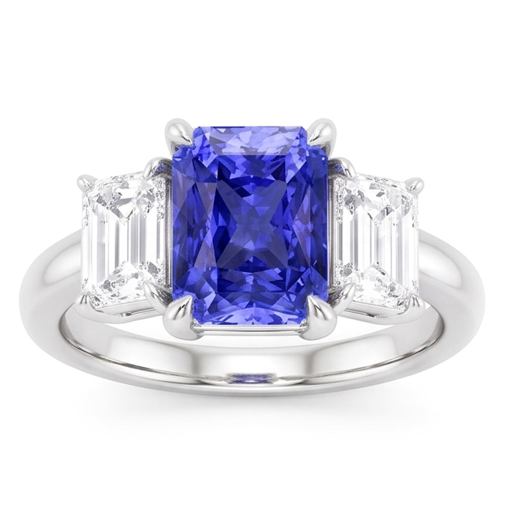 Radiant Gemstone Ring 2 Carats Ceylon Sapphire & Emerald Natural Earth Mined Diamond ( Not Lab Grown )s Gold