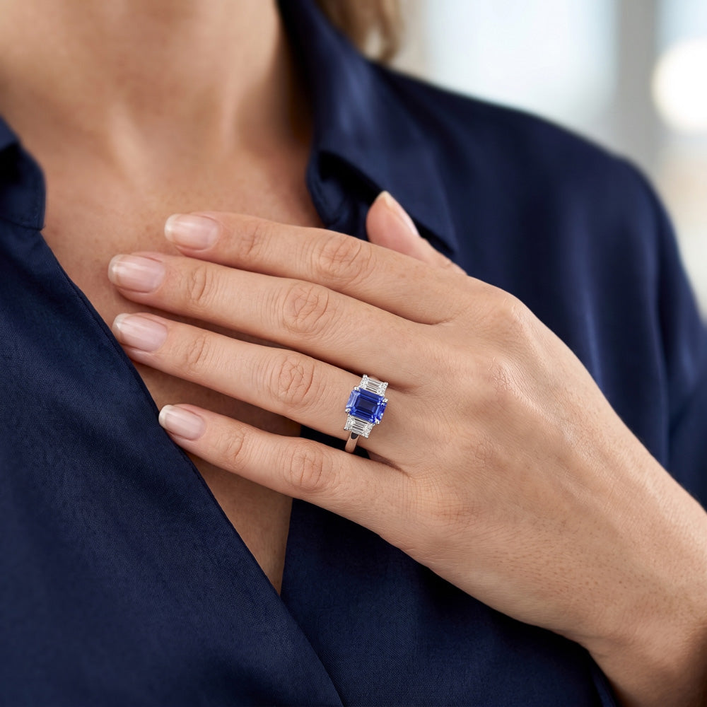 Radiant Gemstone Ring 2 Carats Ceylon Sapphire & Emerald Natural Earth Mined Diamond ( Not Lab Grown )s Gold
