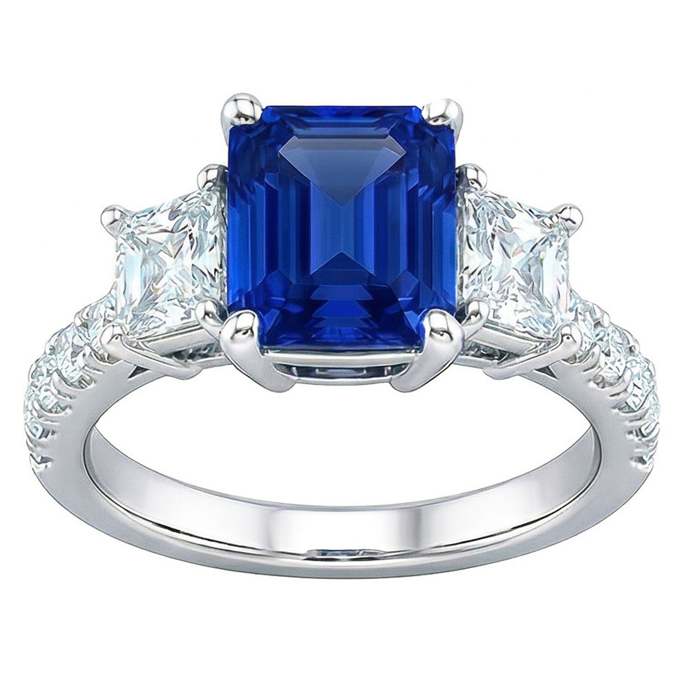 Radiant Gemstone Sapphire Ring Trapezoid & Round Natural Earth Mined Diamond ( Not Lab Grown )s 3.50 Carats