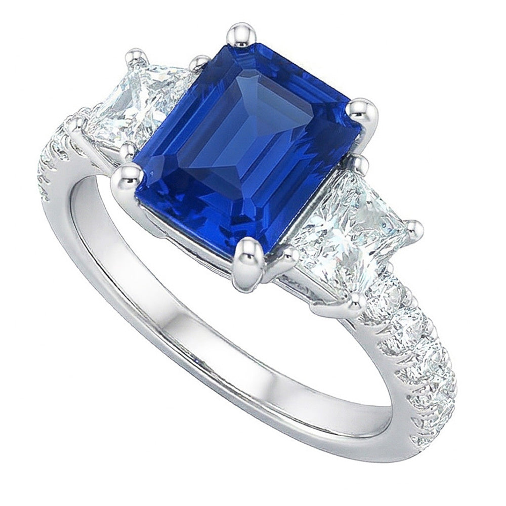 Radiant Gemstone Sapphire Ring Trapezoid & Round Natural Earth Mined Diamond ( Not Lab Grown )s 3.50 Carats