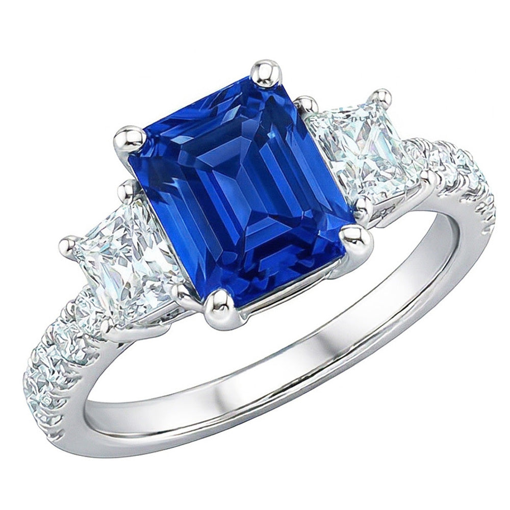 Radiant Gemstone Sapphire Ring Trapezoid & Round Natural Earth Mined Diamond ( Not Lab Grown )s 3.50 Carats