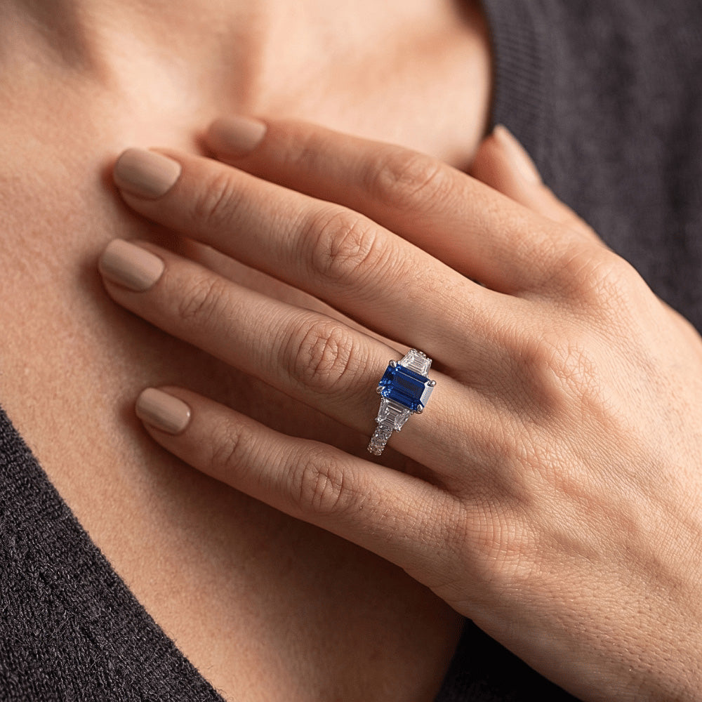 Radiant Gemstone Sapphire Ring Trapezoid & Round Natural Earth Mined Diamond ( Not Lab Grown )s 3.50 Carats