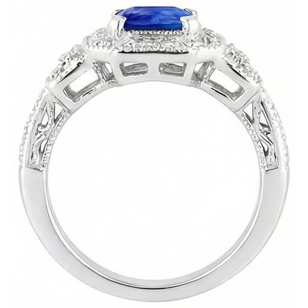 Radiant Halo Ring Antique Style Blue Sapphire & Natural Earth Mined Diamond ( Not Lab Grown )s 3 Carats