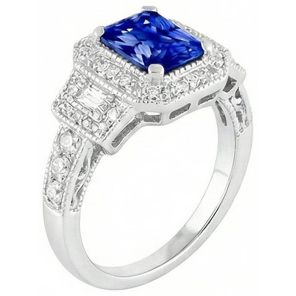 Radiant Halo Ring Antique Style Blue Sapphire & Natural Earth Mined Diamond ( Not Lab Grown )s 3 Carats