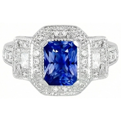 Radiant Halo Ring Antique Style Blue Sapphire & Natural Earth Mined Diamond ( Not Lab Grown )s 3 Carats