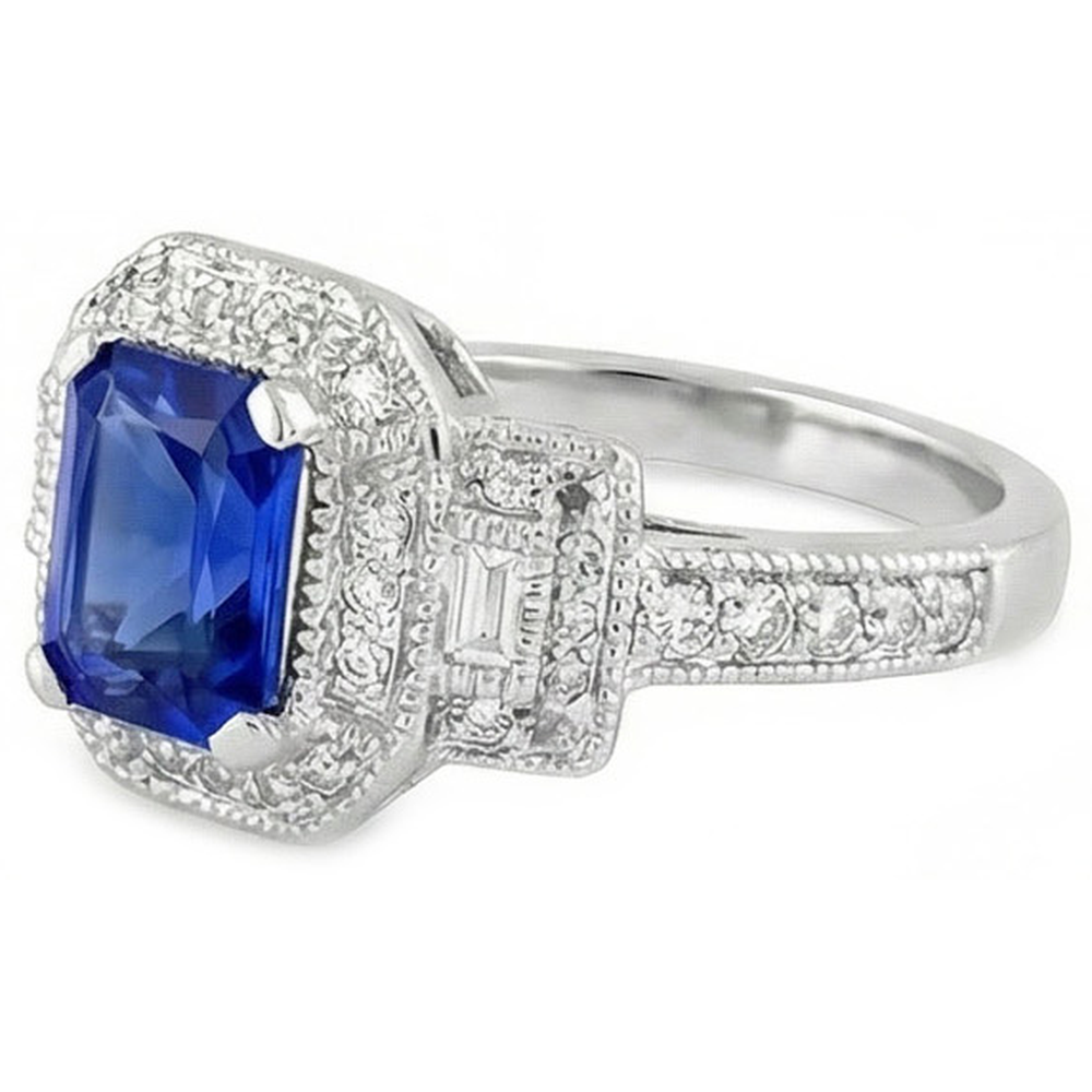 Radiant Halo Ring Antique Style Blue Sapphire & Natural Earth Mined Diamond ( Not Lab Grown )s 3 Carats