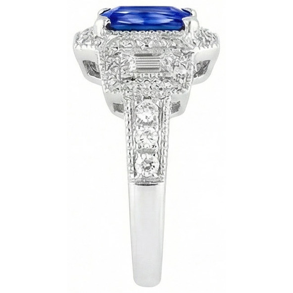 Radiant Halo Ring Antique Style Blue Sapphire & Natural Earth Mined Diamond ( Not Lab Grown )s 3 Carats
