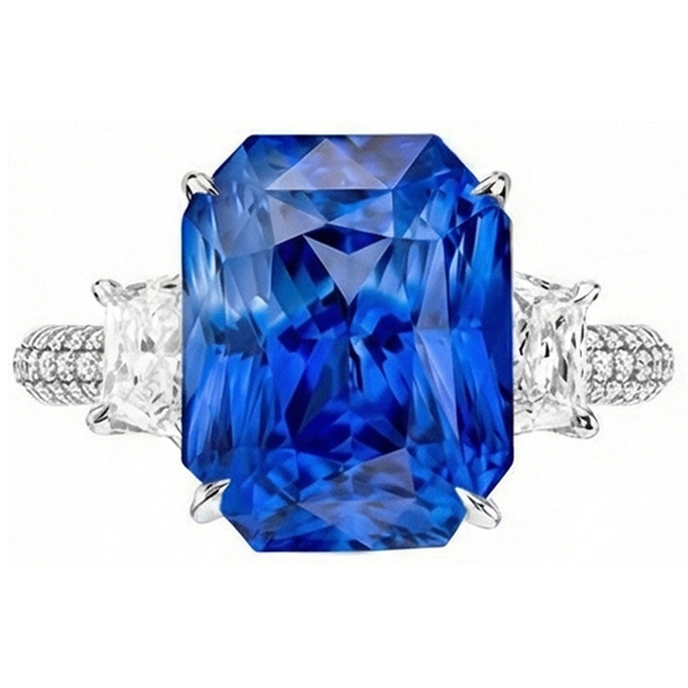 Radiant Natural Earth Mined Diamond ( Not Lab Grown ) Ceylon Sapphire Ring 7.50 Carats 3 Stone Prong Style