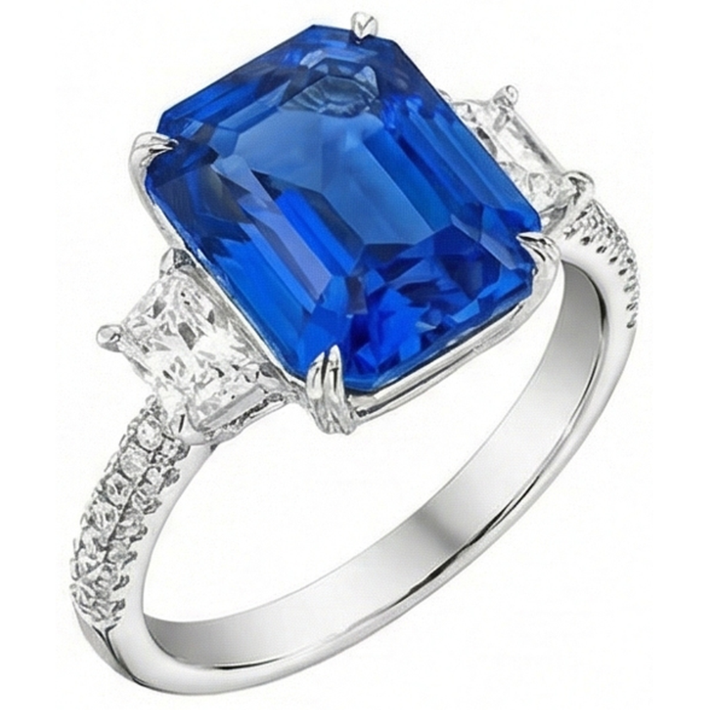 Radiant Natural Earth Mined Diamond ( Not Lab Grown ) Ceylon Sapphire Ring 7.50 Carats 3 Stone Prong Style