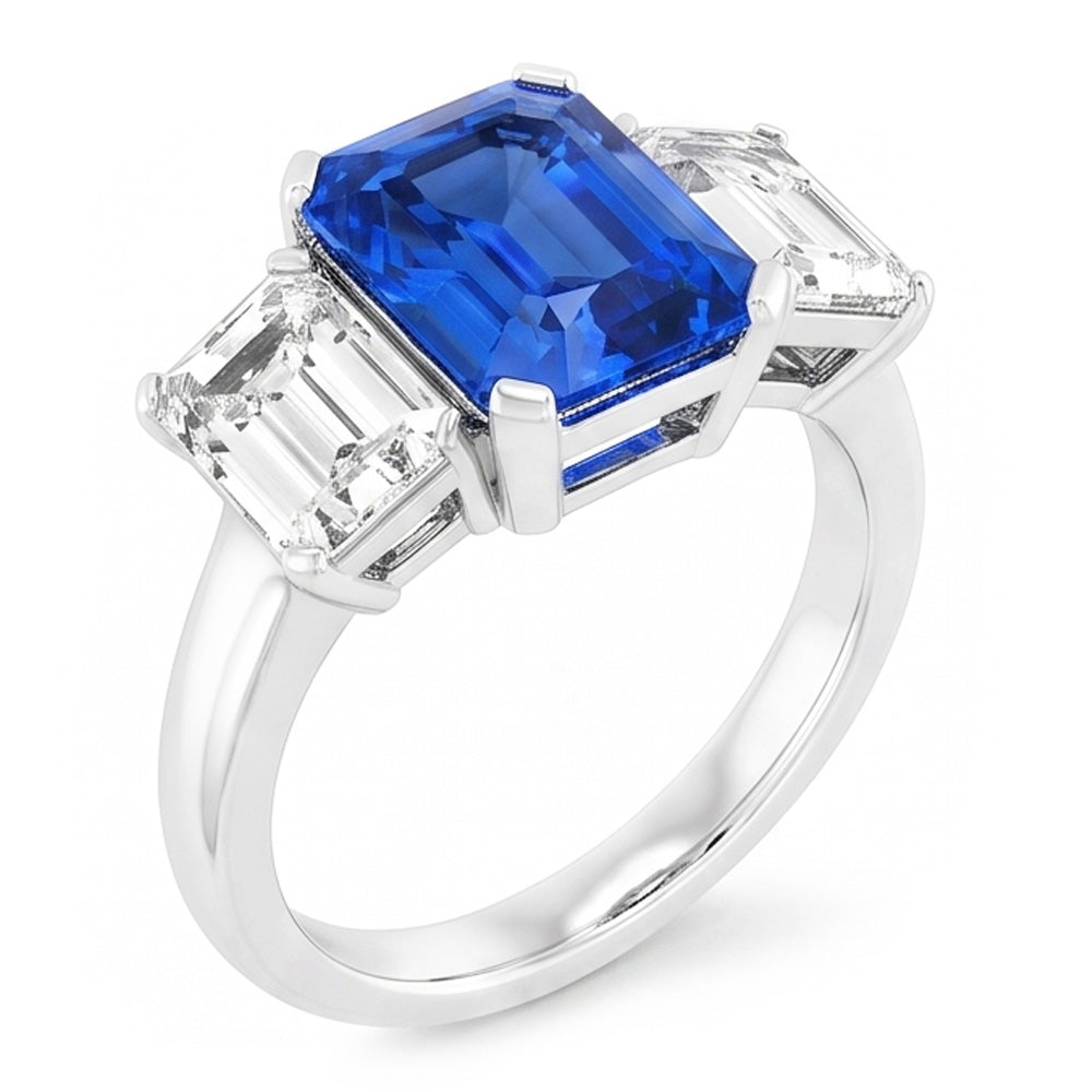 Radiant Natural Earth Mined Diamond ( Not Lab Grown ) Jewelry 3 Carats Three Stone Blue Sapphire Ring