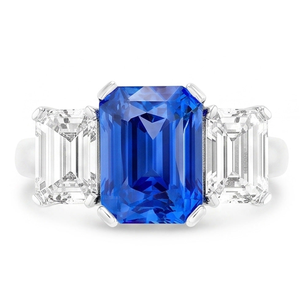 Radiant Natural Earth Mined Diamond ( Not Lab Grown ) Jewelry 3 Carats Three Stone Blue Sapphire Ring