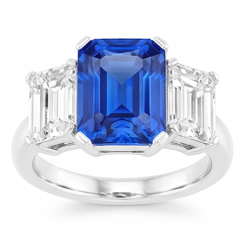 Radiant Natural Earth Mined Diamond ( Not Lab Grown ) Jewelry 3 Carats Three Stone Blue Sapphire Ring