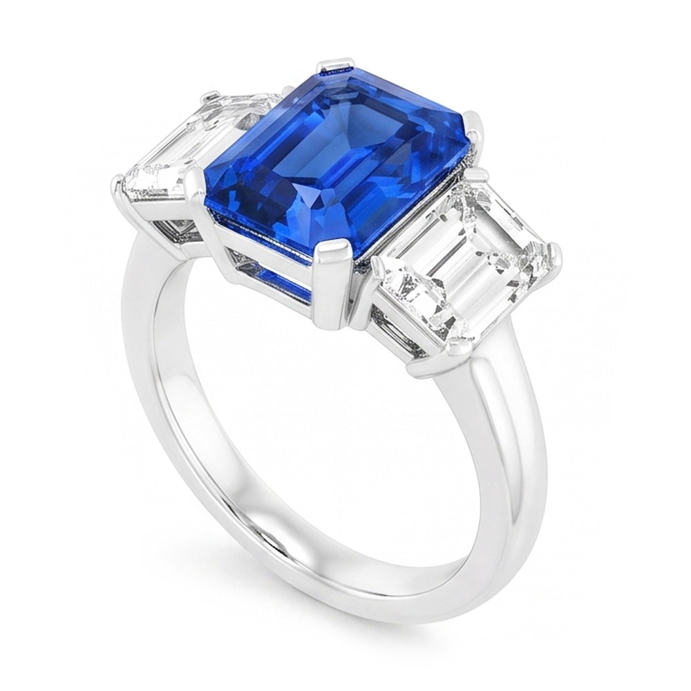 Radiant Natural Earth Mined Diamond ( Not Lab Grown ) Jewelry 3 Carats Three Stone Blue Sapphire Ring