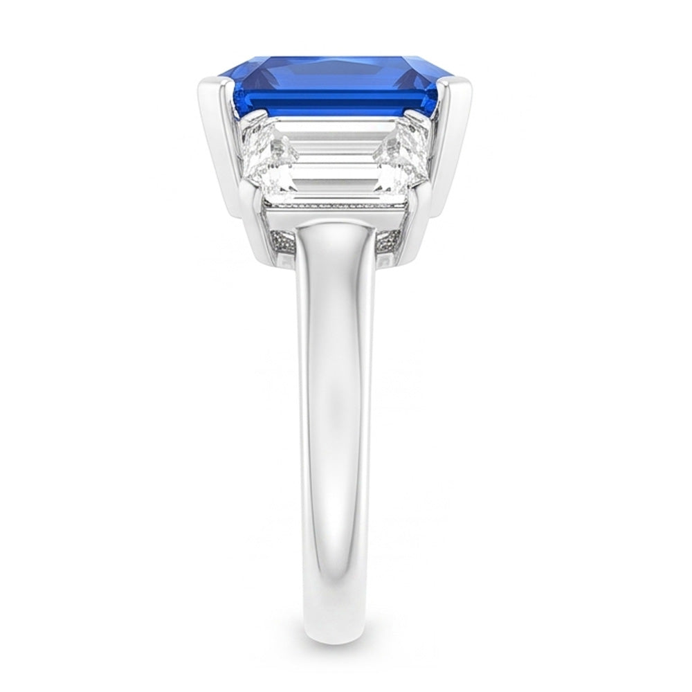 Radiant Natural Earth Mined Diamond ( Not Lab Grown ) Jewelry 3 Carats Three Stone Blue Sapphire Ring
