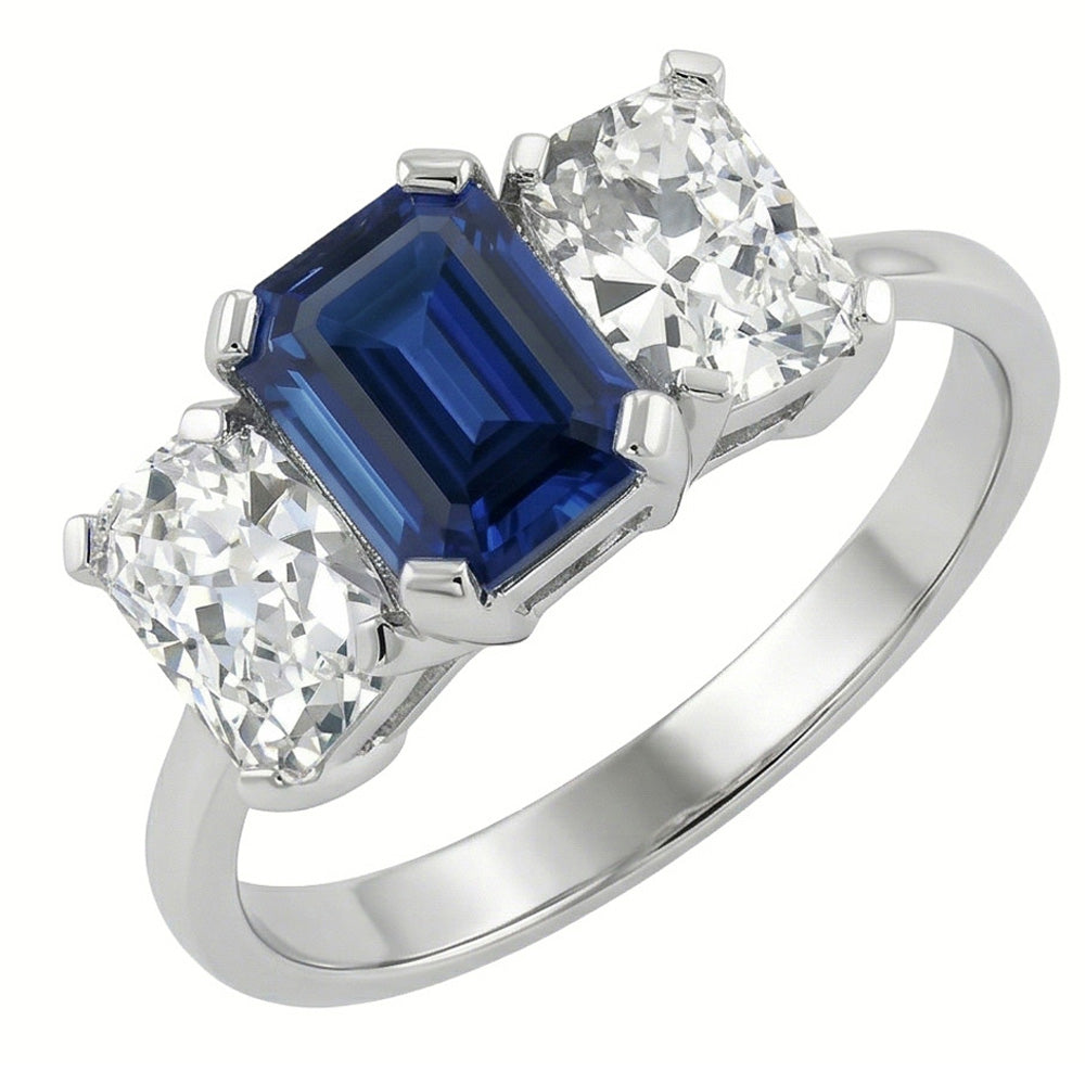 Radiant Natural Earth Mined Diamond ( Not Lab Grown ) Jewelry Emerald Blue Sapphire 3 Stone Ring 3 Carats
