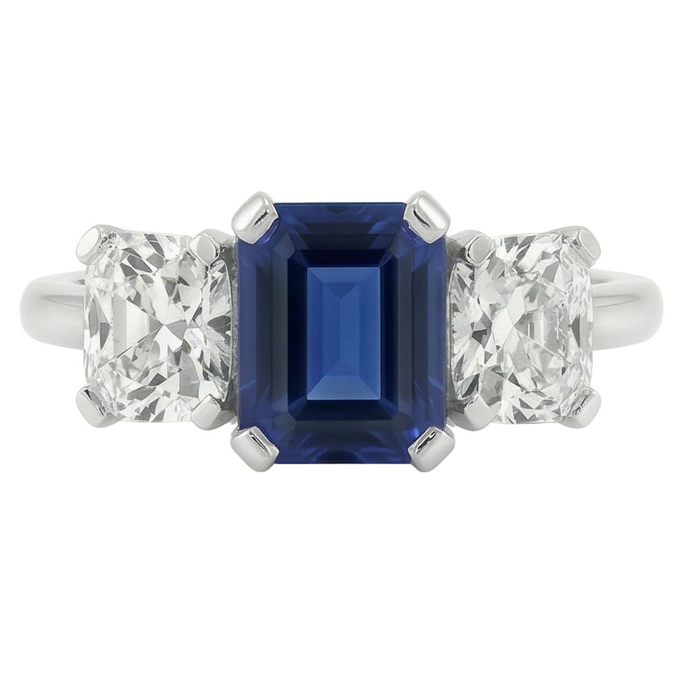 Radiant Natural Earth Mined Diamond ( Not Lab Grown ) Jewelry Emerald Blue Sapphire 3 Stone Ring 3 Carats