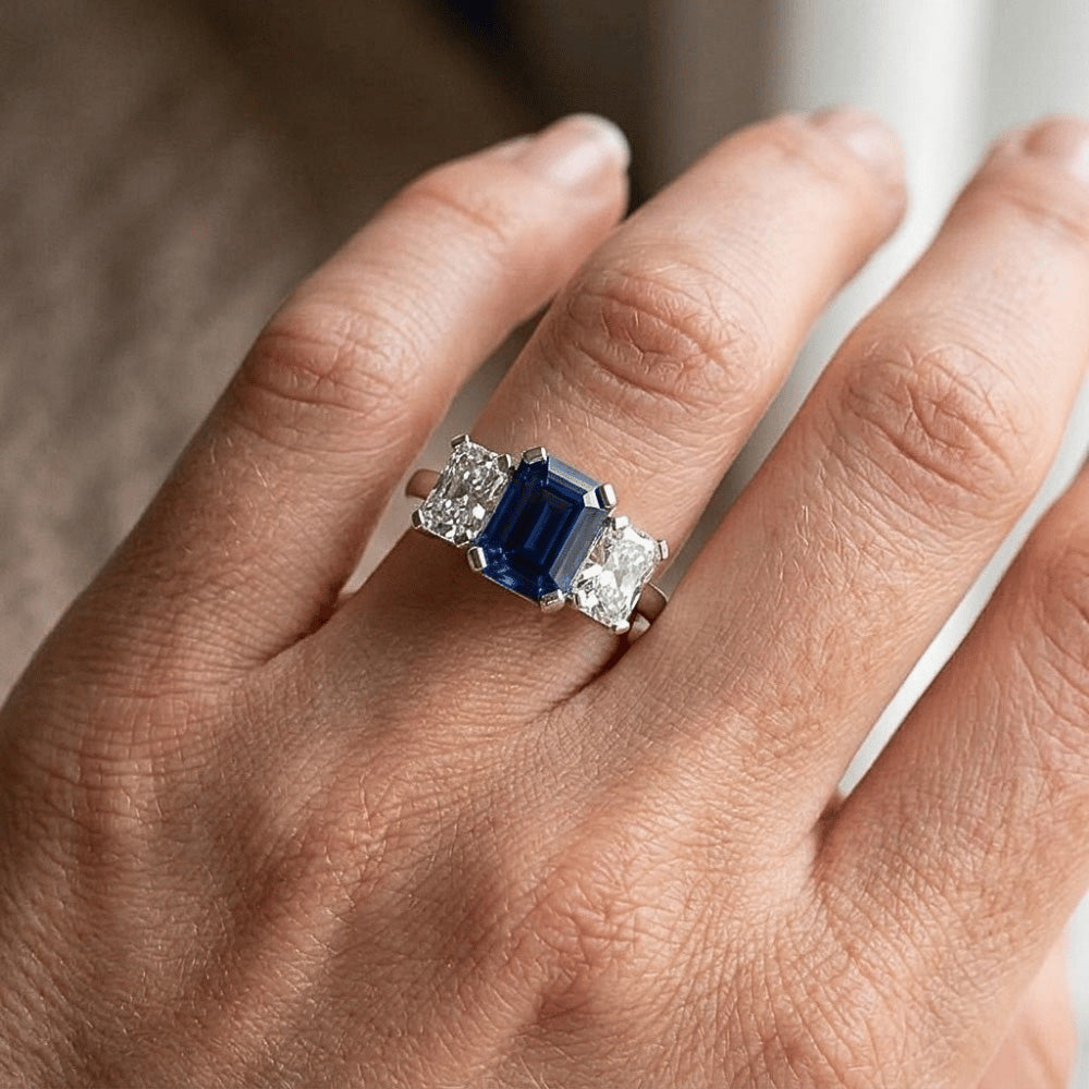 Radiant Natural Earth Mined Diamond ( Not Lab Grown ) Jewelry Emerald Blue Sapphire 3 Stone Ring 3 Carats