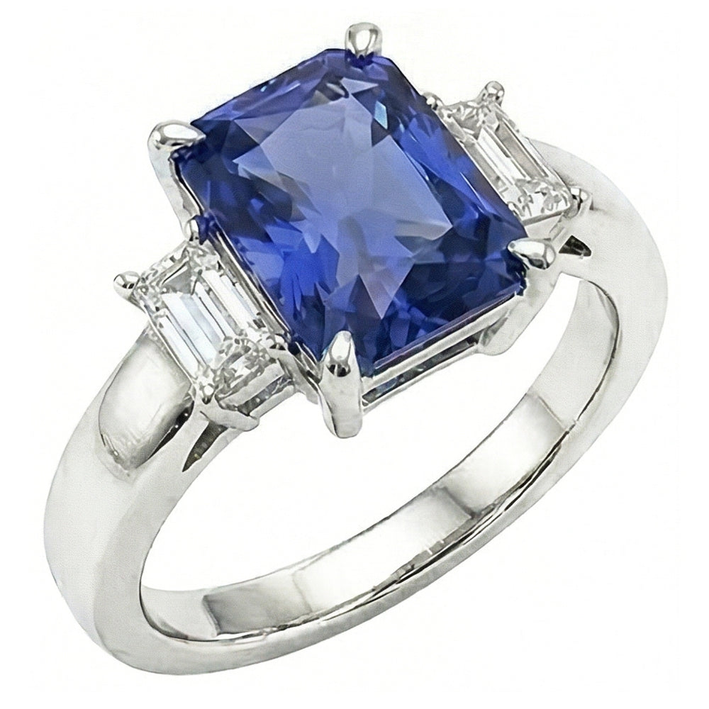 Radiant Natural Earth Mined Diamond ( Not Lab Grown ) Three Stone Ceylon Sapphire Ladies Ring 1.75 Carats
