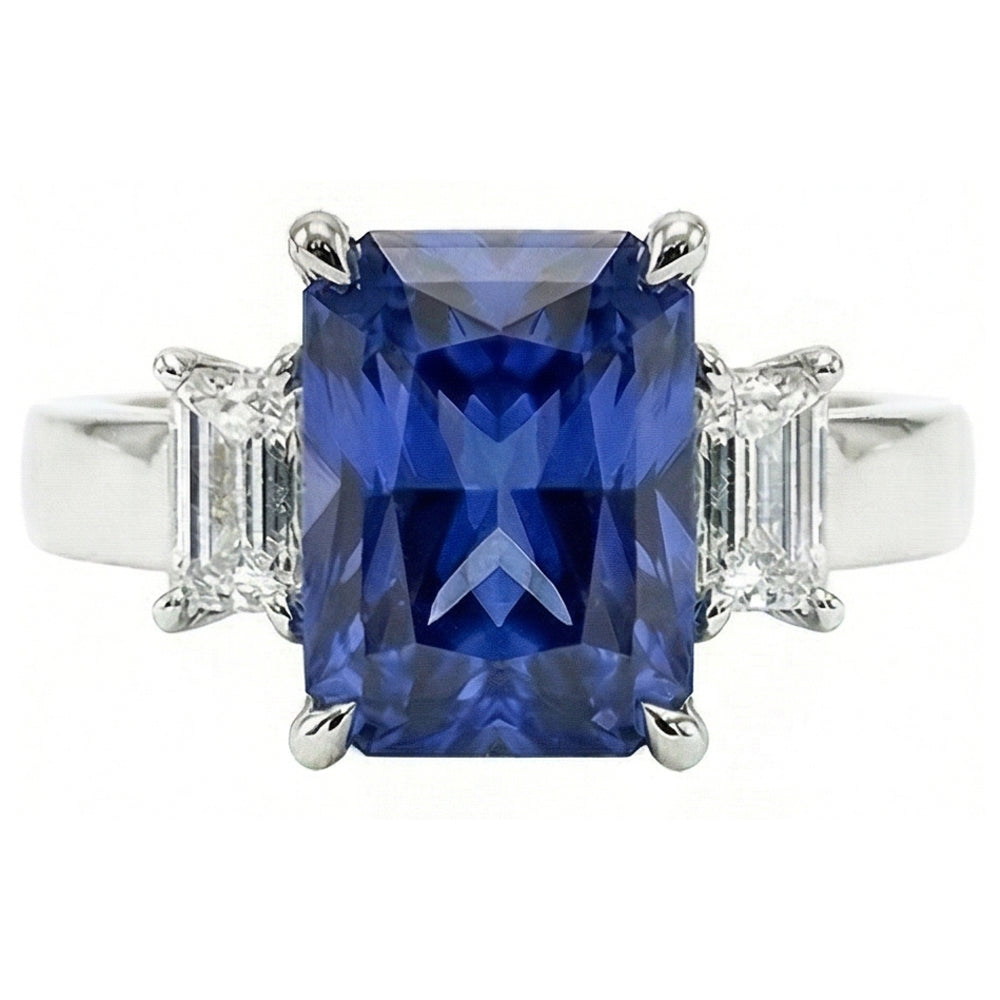 Radiant Natural Earth Mined Diamond ( Not Lab Grown ) Three Stone Ceylon Sapphire Ladies Ring 1.75 Carats