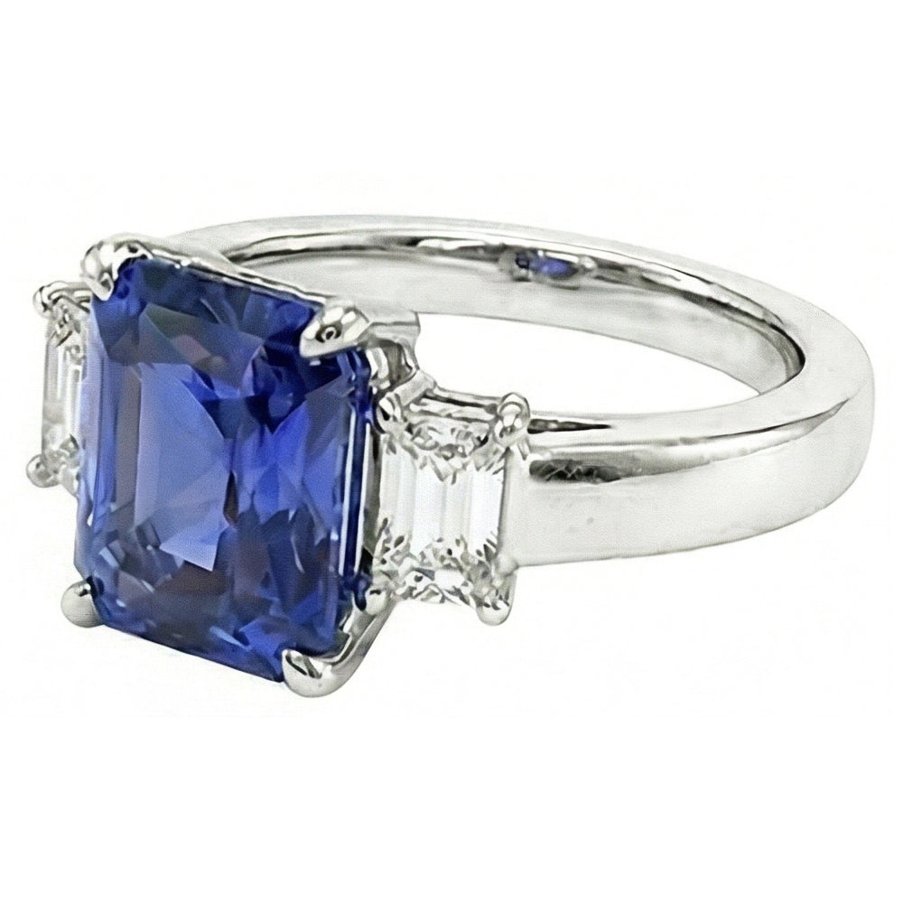 Radiant Natural Earth Mined Diamond ( Not Lab Grown ) Three Stone Ceylon Sapphire Ladies Ring 1.75 Carats