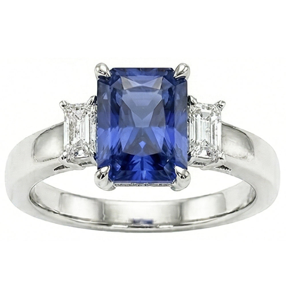 Radiant Natural Earth Mined Diamond ( Not Lab Grown ) Three Stone Ceylon Sapphire Ladies Ring 1.75 Carats
