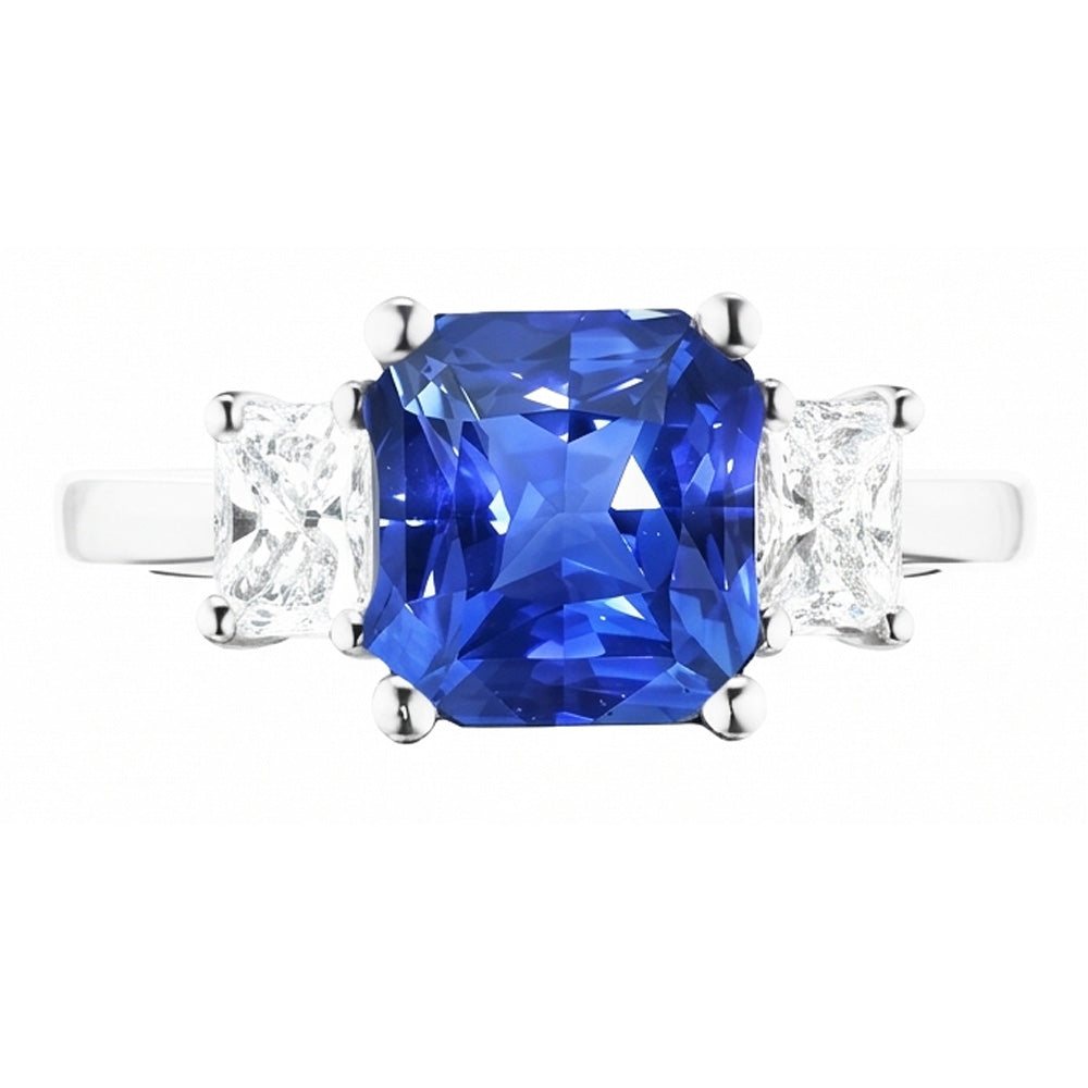Radiant Natural Earth Mined Diamond ( Not Lab Grown ) & Blue sapphire Ring 3 Stone Gemstone Jewelry 2 Carats