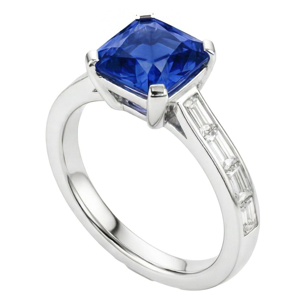 Radiant Sapphire Engagement Ring 2 Carats Baguette Accents Channel Set