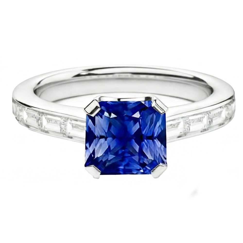 Radiant Sapphire Engagement Ring 2 Carats Baguette Accents Channel Set