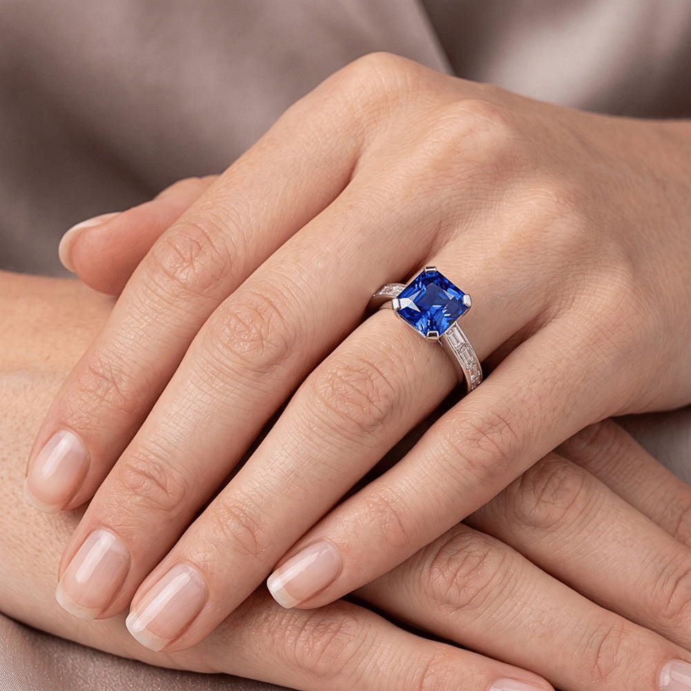 Radiant Sapphire Engagement Ring 2 Carats Baguette Accents Channel Set