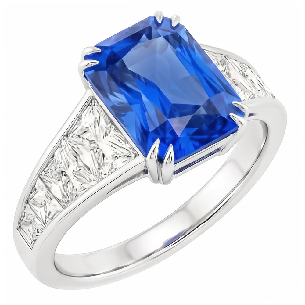 Radiant Sapphire Wedding Ring 5 Carats Channel Set Trapezoid Natural Earth Mined Diamond ( Not Lab Grown )s