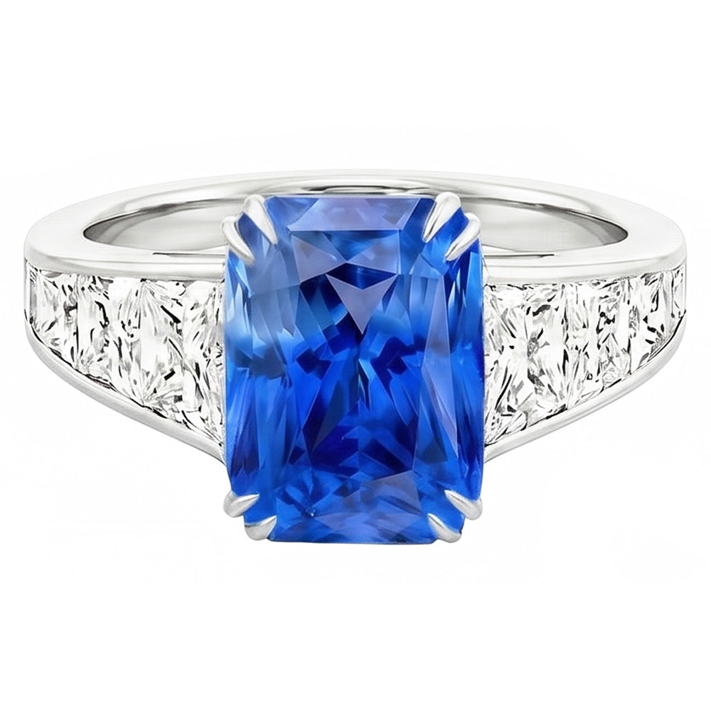 Radiant Sapphire Wedding Ring 5 Carats Channel Set Trapezoid Natural Earth Mined Diamond ( Not Lab Grown )s