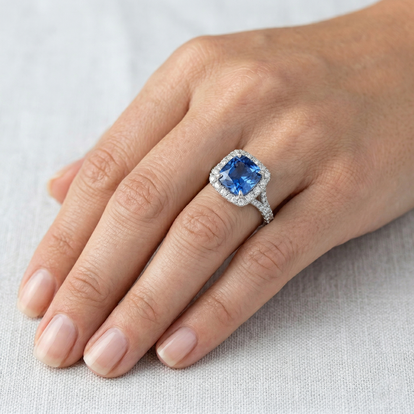 Radiant Cut Ceylon Sapphire & Round Natural Earth Mined Diamond ( Not Lab Grown )  Ring 3 Ct. White Gold 14K