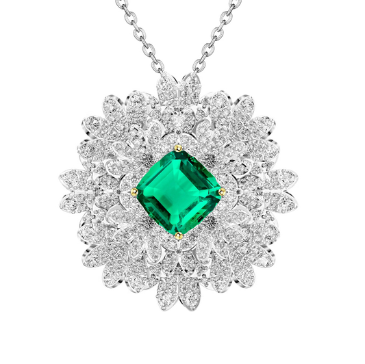 Colombian Emerald Cushion Cut Precious Stone Pendant in 14 Karat Two Tone Gold – main view