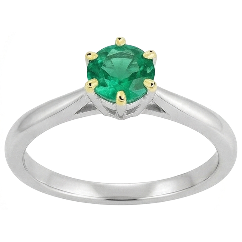 Colombian Emerald Round Brilliant Precious Stone Ring in 14K Two Tone Gold – angle view