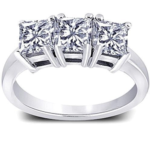 Real 3 Carat Princess Diamonds Three Stone Engagement Ring White Gold 14K