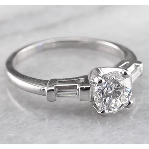 Real 3 Stone Engagement Ring 1.60 Carats Round & Baguettes White Gold 14K