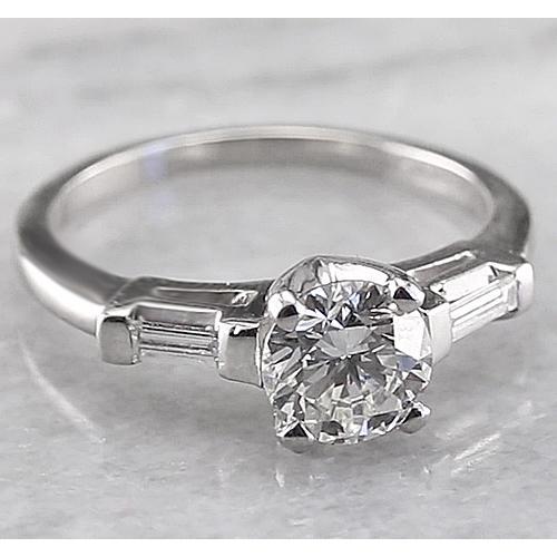 Real 3 Stone Engagement Ring 1.60 Carats Round & Baguettes White Gold 14K