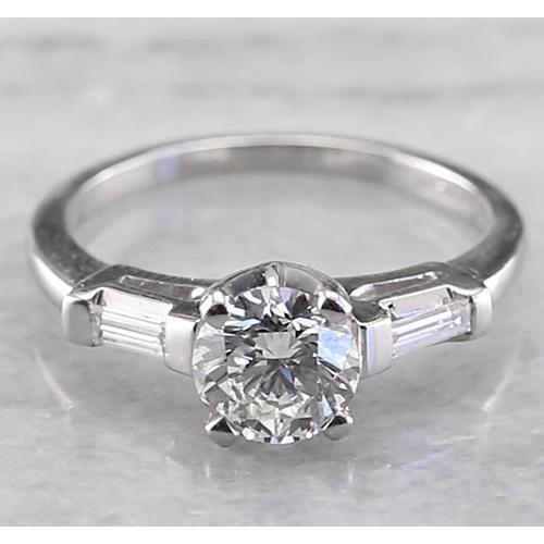 Real 3 Stone Engagement Ring 1.60 Carats Round & Baguettes White Gold 14K