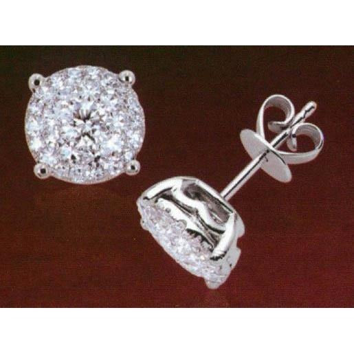 Real 4 Ct Diamond Push Back Stud Earring Halo 14K White Gold