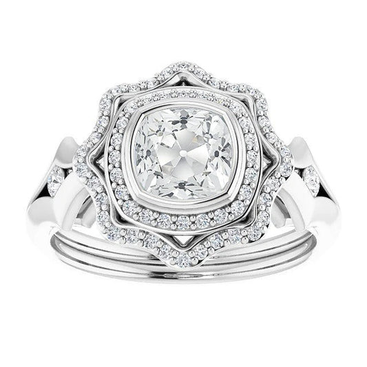 Real Cushion Old Mine Cut Diamond Double Halo Ring Bezel Set 6.75 Carats