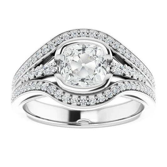 Real Cushion Old Miner Diamond Ring Half Bezel Set 5.50 Carats White Gold