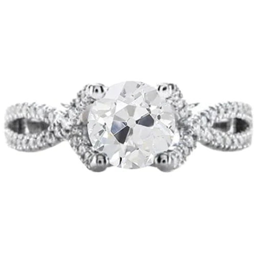 Real Diamond Old Cut Ring 2.50 Carats Twisted Split Shank Pave Set Accents