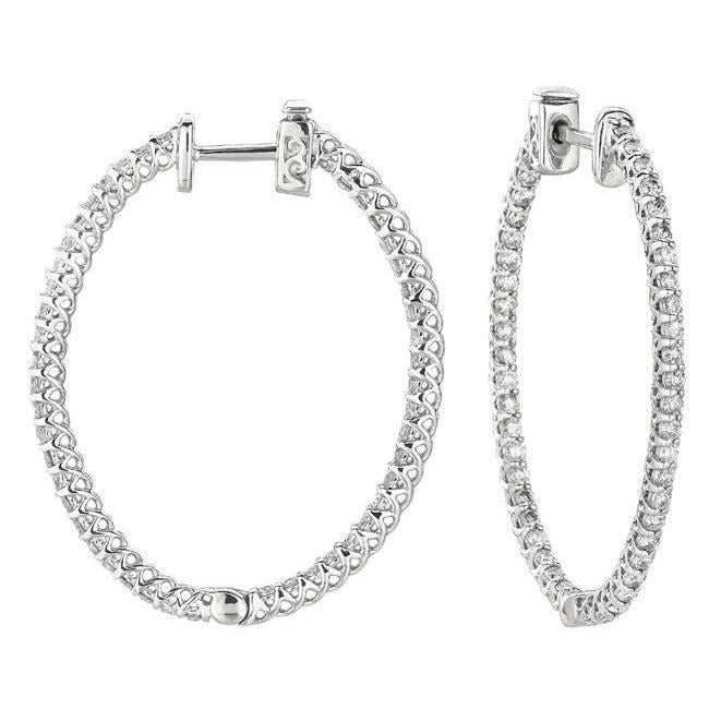 Real Diamond Oval Shape Hoop Earrings Pair 2 Carat White Gold 14K - Hoop Earrings-harrychadent.ca
