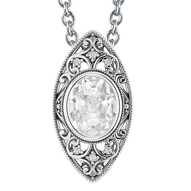 Real Diamond Pendant Jewelry Oval Old Mine Cut Bezel Set Filigree 4 Carats