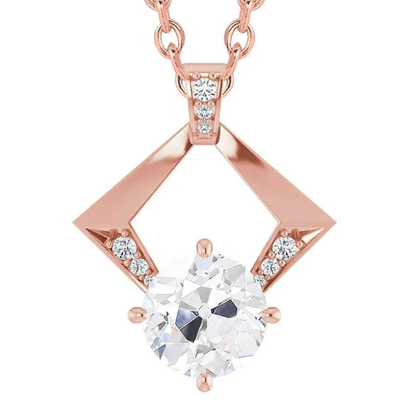 Real Diamond Pendant Necklace Round Old Mine Cut 3.50 Carats Rose Gold