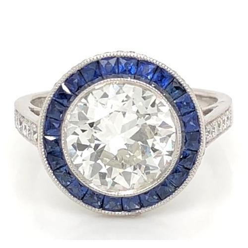 Real Diamond Ring 5 Carats Halo Ceylon Blue Sapphire Milgrain White Gold