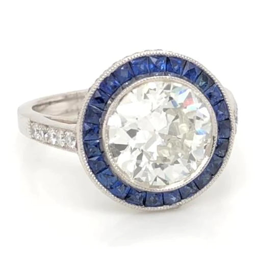 Real Diamond Ring 5 Carats Halo Ceylon Blue Sapphire Milgrain White Gold